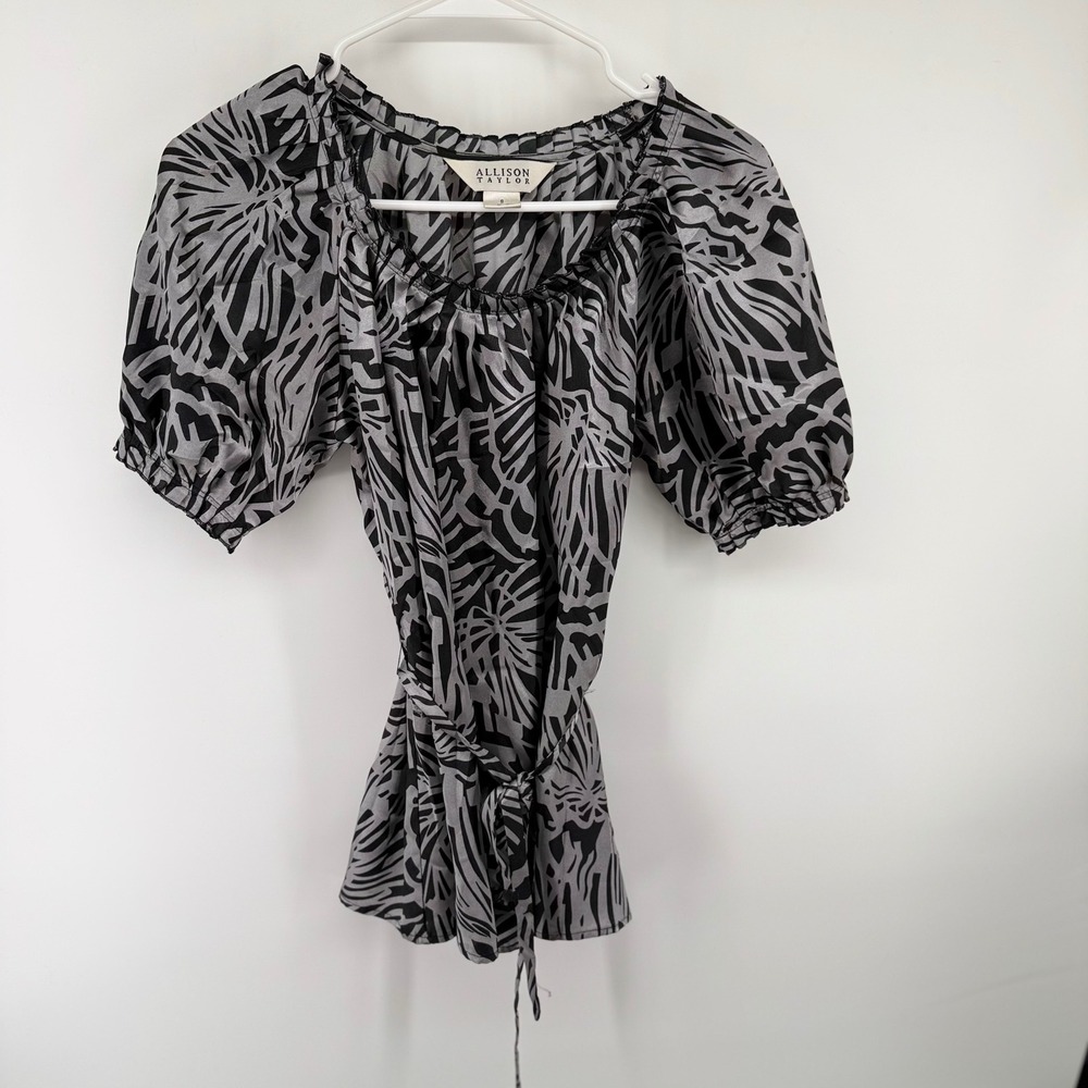 Y2K Retro Allison Taylor Grey Black Abstract Puff Sleeve Tie Waist Blouse Small